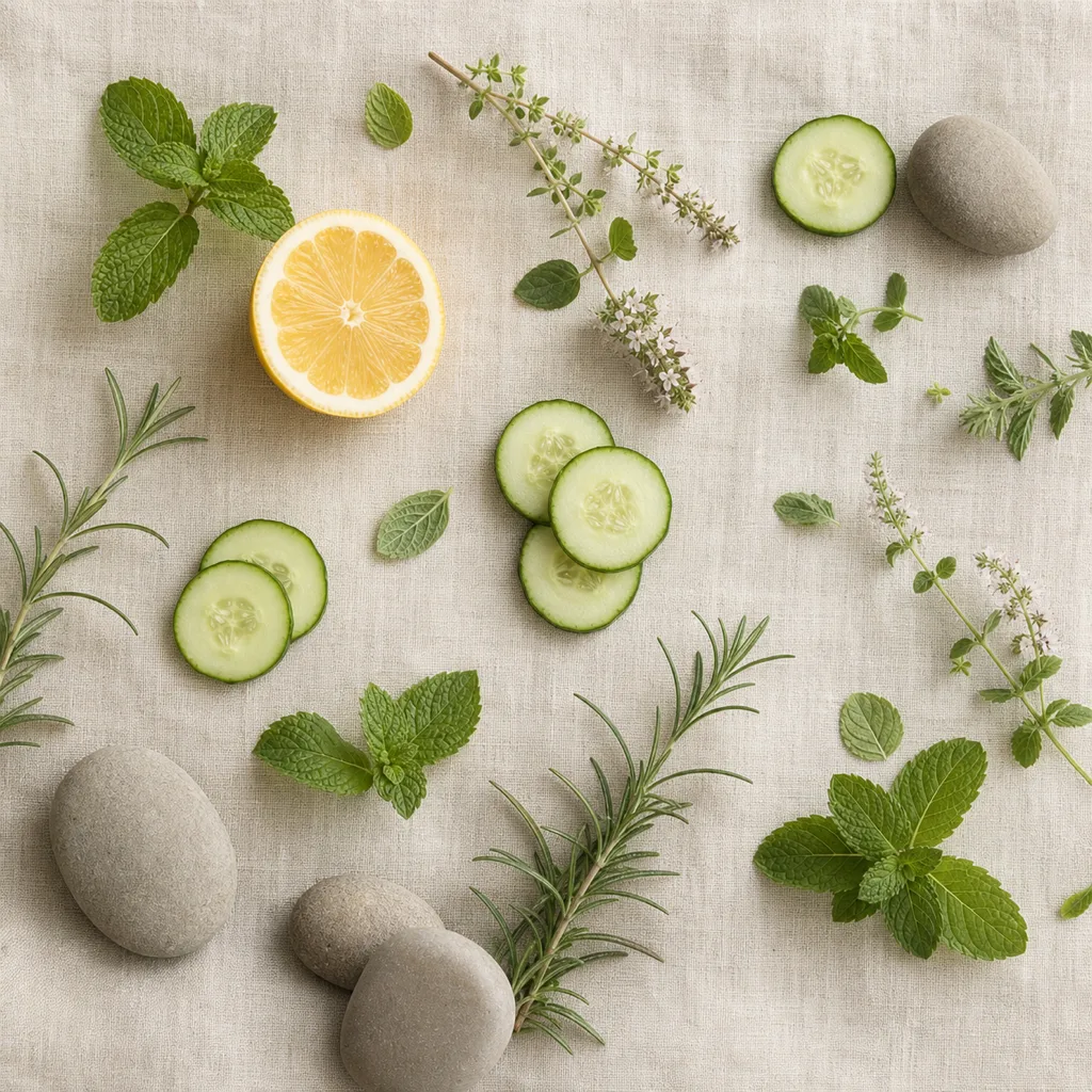 A calm overhead flat-lay of eucalyptus leaves, chamomile flowers and dried botanicals arranged on natural linen.