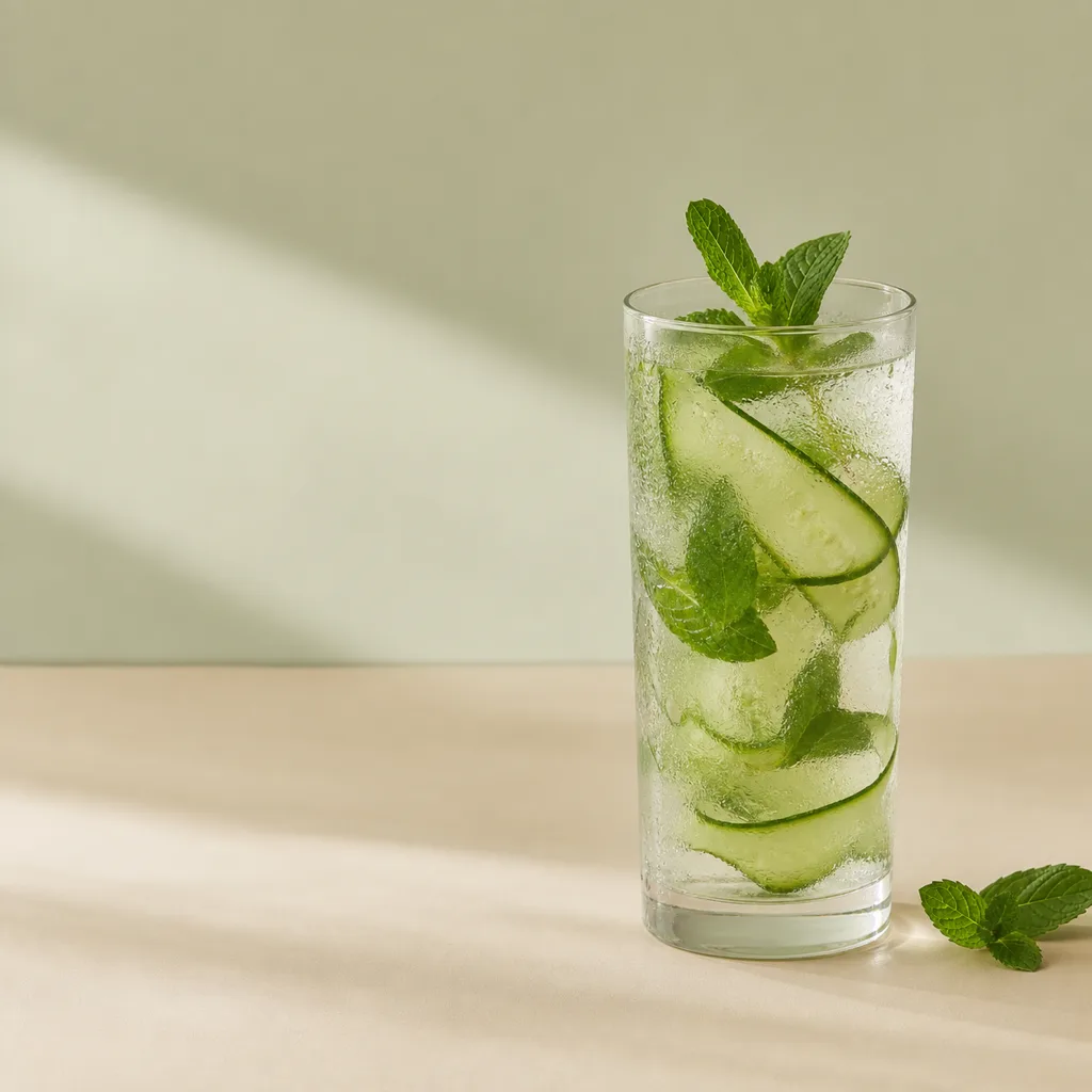 A tall glass of still water infused with cucumber and mint, resting on a soft sage and sand surface.