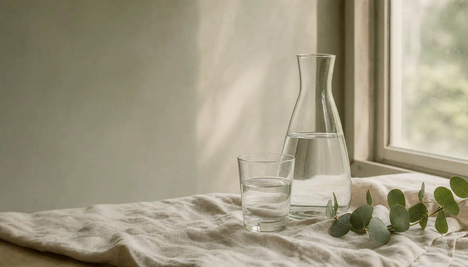 A glass carafe and a single glass of water beside a soft-lit window, with a sprig of eucalyptus resting on linen.
